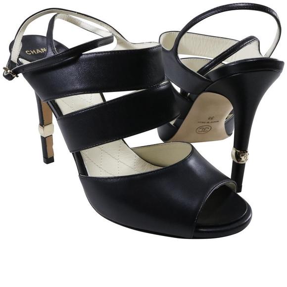 black Lambskin Leather Strappy Classic Logo Heels Sandals c864